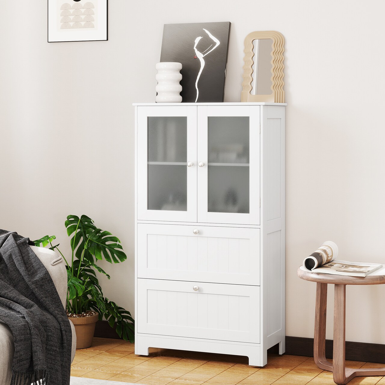 Modern Freestanding White Floor Storage Cabinet with Glass Doors 2 Drawers and Adjustable Shelves